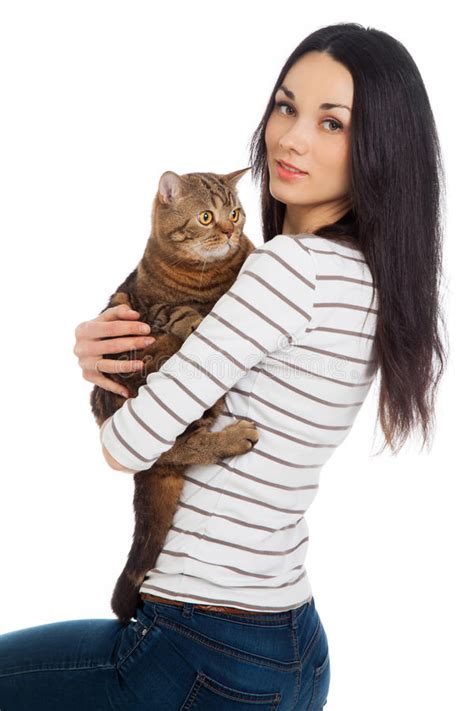 Beautiful Smiling Brunette Girl And Her Ginger Cat Stock Photo Image Of Beauty Brunette