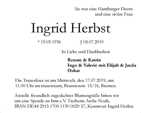 Traueranzeigen Von Ingrid Herbst Trauer And Gedenken