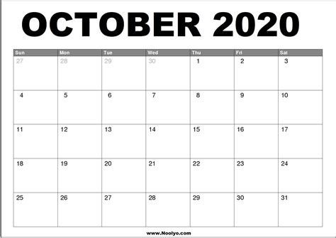 October 2020 Calendar Printable Free Download