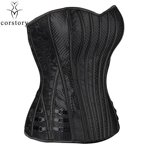 Corstory Pure Black Mesh Overbust Corsets And Bustiers With Floral Lace Sides Xxl Waist Slimming