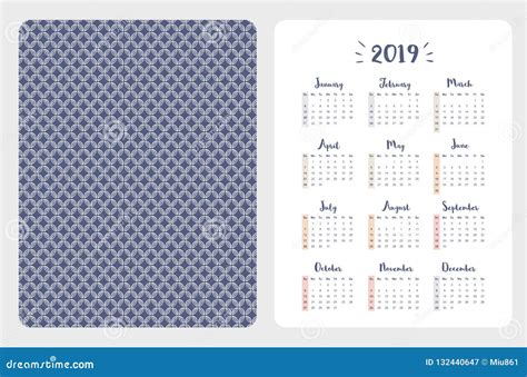 Simple English Vector Pocket Calendar 2019 Year Stock Vector