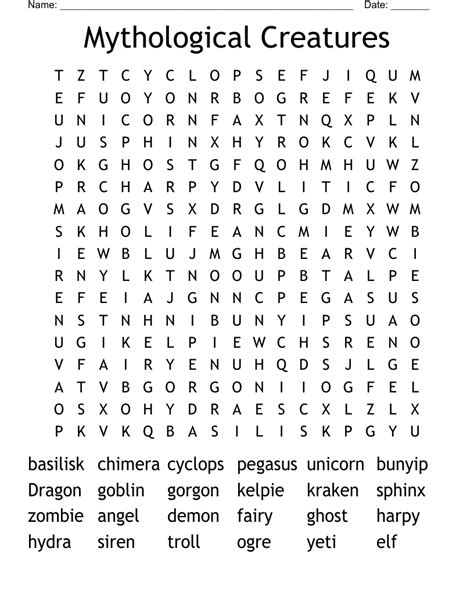 Mythical Creatures Word Search Wordmint