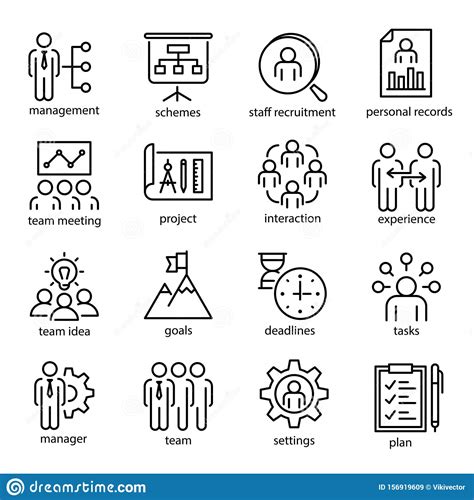 Management Vector Linear Or Outline Isolated Icons Set Stock Vector