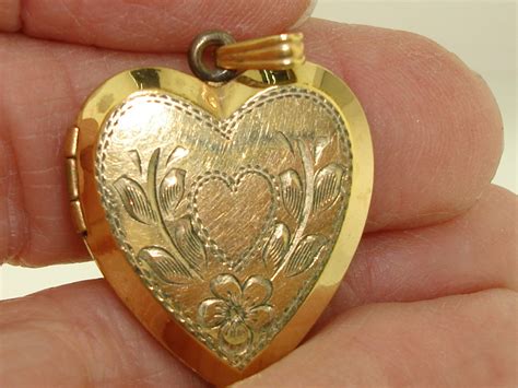 Vintage S Gold Filled Etched Heart Locket Pendant