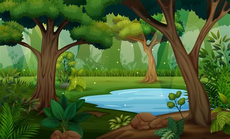 Forest Scene With Trees And Pond Illustration 6132993 Vector Art At