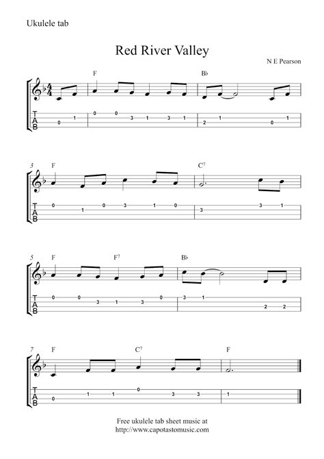 These are easy uke and guitar songs that should help you get started on your musical career! Free ukulele tab sheet music, Red River Valley