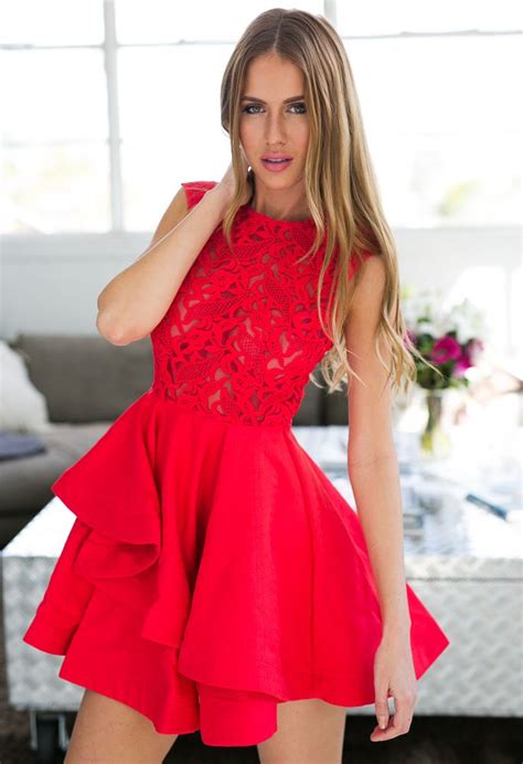 Red Lace Cocktail Dress W Sheer Bodice