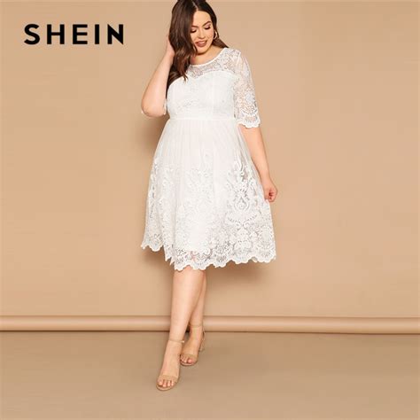 Shein Plus Size White Embroidered Mesh Overlay Scalloped Sweetheart