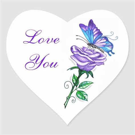 Purple Rose With Butterfly Heart Sticker