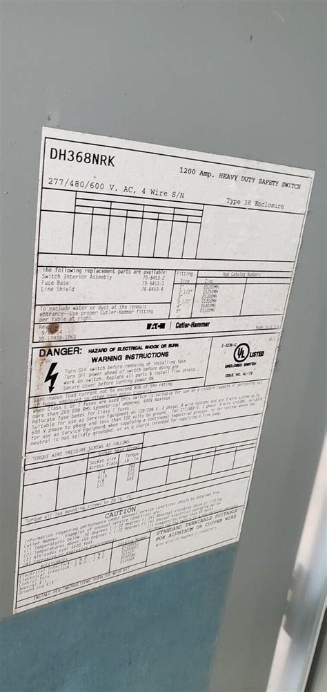 1200 Amp Disconnect 600 Volt Outdoor Dh368nrk Eaton Cutler Hammer Ebay