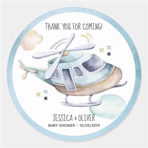 Watercolor Helicopter Party Blue Classic Round Sticker Zazzle