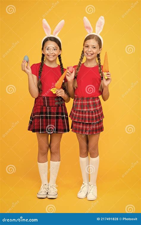 Easter Preparations Little Schoolgirls Long Bunny Ears Easter Traditional Games Spring