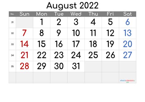 2022 August Free Printable Calendar 6 Templates