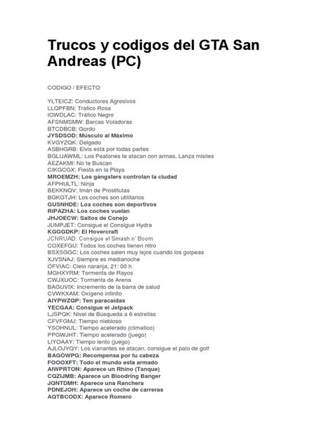 Trucos Y Codigos Del Gta San Andreas Ocio Comida Y Vino
