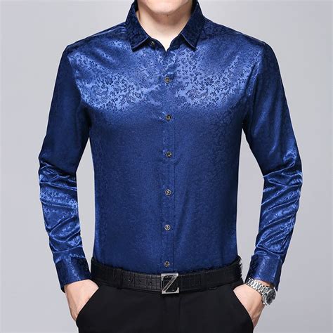 2020 New Arrival Male Satin Silk Shirt Mens Fashion Floral Dress Shirt Long Sleeve Gentleman