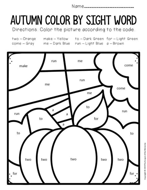 Color By Sight Word Fall Preschool Worksheets Pumpkin The Keeper Of