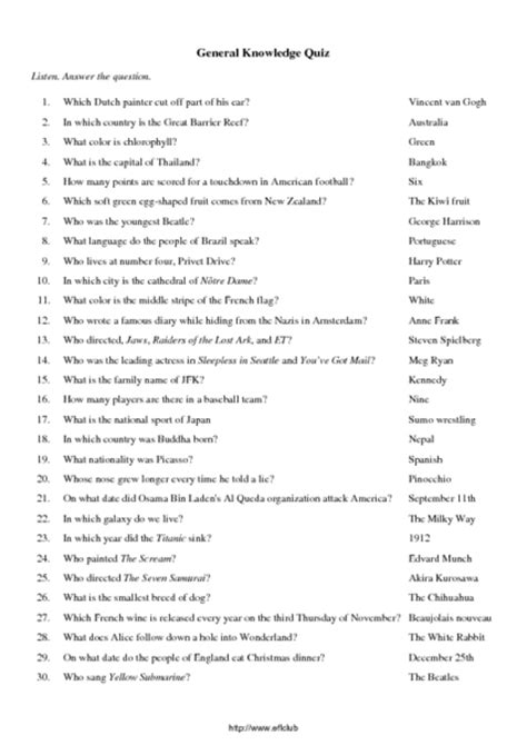 This quiz covers everything from food to films, flags and animals. General Knowledge Quiz Worksheet for 5th - 6th Grade ...