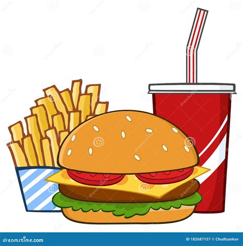 Fast Food Hamburger Drink And French Fries Cartoon Drawing Simple