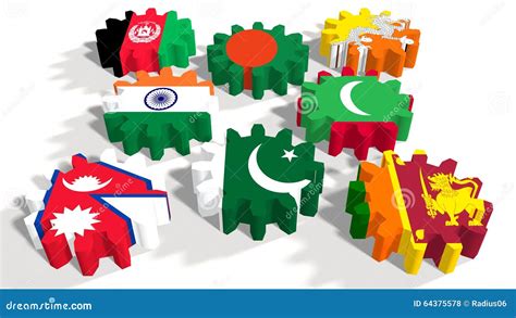 South Asian Association For Regional Cooperation Members Flags On Gears