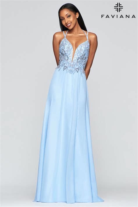 Faviana S 10416 Halter Prom Dresses Chiffon Dress Long Light Blue