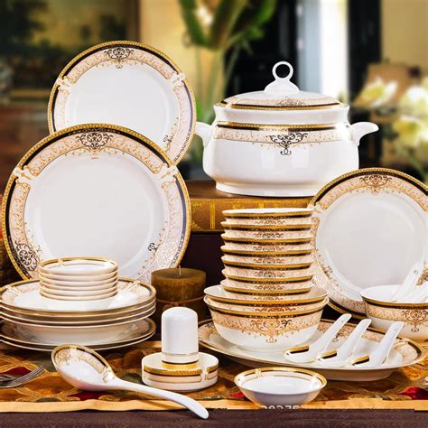 Korean Style Bone China Dinnerware Set Golden Edge Bowl Plate Set