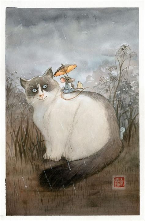 Cat Watercolor Painting Artwork With Kitty And Mouse