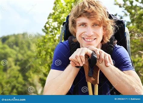 Man With Backpack Hiking In The Mountains Stock Image Image Of Rise