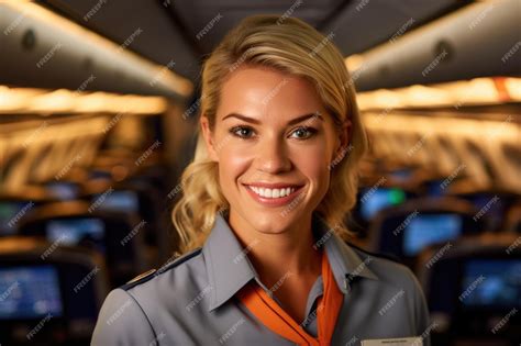 Premium Photo A Close Up Shot Of A Female Flight Attendant Standing In The Aisle Of An