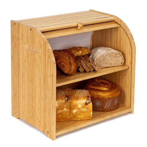Goodpick Bamboo Bread Box 2 Layer Large Bread Box Countertop Bread