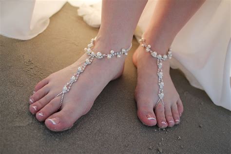 Barefoot Sandals Beach Wedding Bridal Shoes Pearls Rhinestones No Shoes