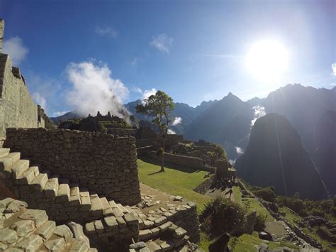 Sunrise Over Happy Mountain Machu Picchu Peru Inca Architecture Wide