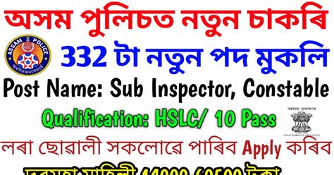 Assam Police Recruitment Inspector Sub Inspector Constable