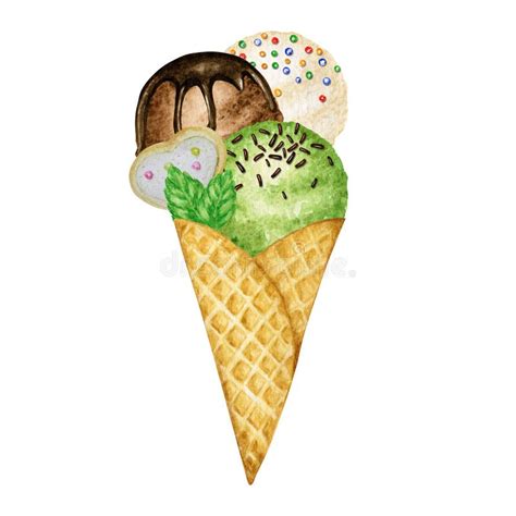 Ice Cream Scoops Decorated With Chocolate In Waffle Cone Tasty Watercolor Illustration Isolated