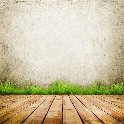 Old Wall And Green Grass On Wood Floor Background — Stock