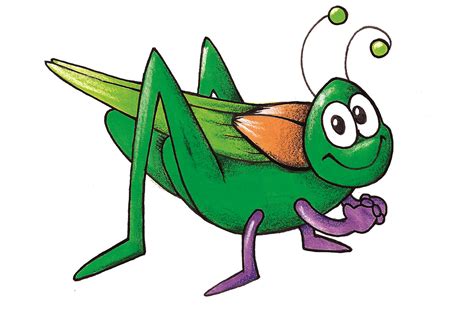 A Drawing Of A Green Grasshopper With An Orange Nose And Purple Legs