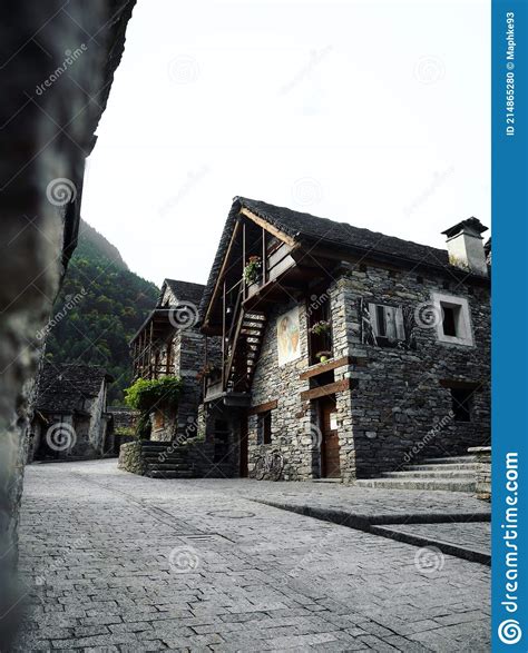 Old Historic Traditional Schist Stone Rock Buildings Houses In Sonogno