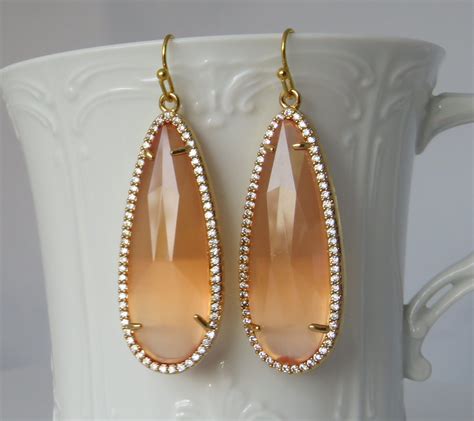 Peach Long Teardrop Gold Earrings With Pave Crystal Accents Etsy