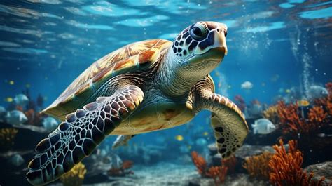 Premium Ai Image Portrait Of A Happy Sea Turtle Swimming Underwater