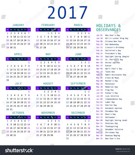 Calendar Template 2017 Calendar Holiday Dates Stock Vector Royalty