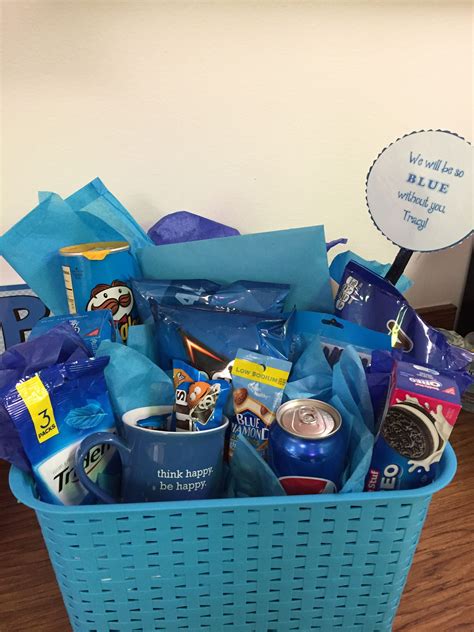 You can give him a card in which. Coworker leaving-"blue without you" going away basket # ...