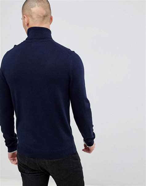 Fred Perry Wool Roll Neck Merino Knitted Jumper In Navy Blue For Men Lyst
