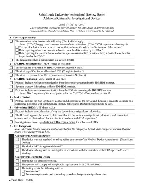 Additional Criteria Checklist Investigational Devices