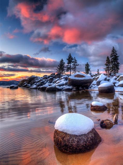 First Snowy Lake Tahoe Sunset Of The Year Nature Photography