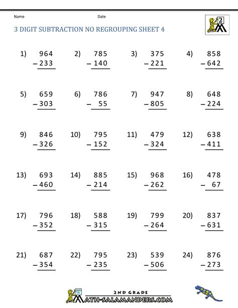 The following worksheets involve learning to add double digit numbers in columns where regrouping is necessary. Three Digit Subtraction without Regrouping Worksheets
