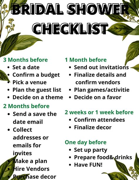 the bridal shower checklist is shown with green leaves and white flowers on it