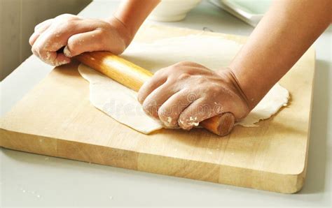 Roll Out Dough With Rolling Pin Stock Image Image Of Closeup Cook