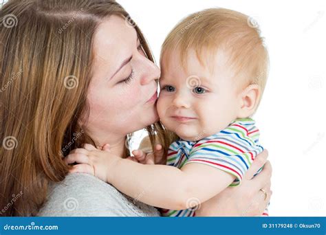 Mother Embracing Baby Boy On White Stock Photo Image Of Girl
