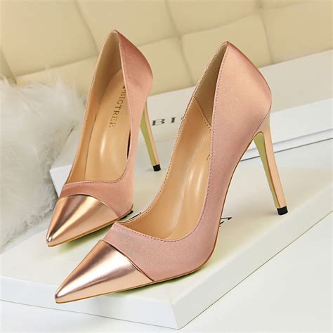 women high heels pumps 10cm classic pumps satin splice pointed sexy nightclub thin heels gold