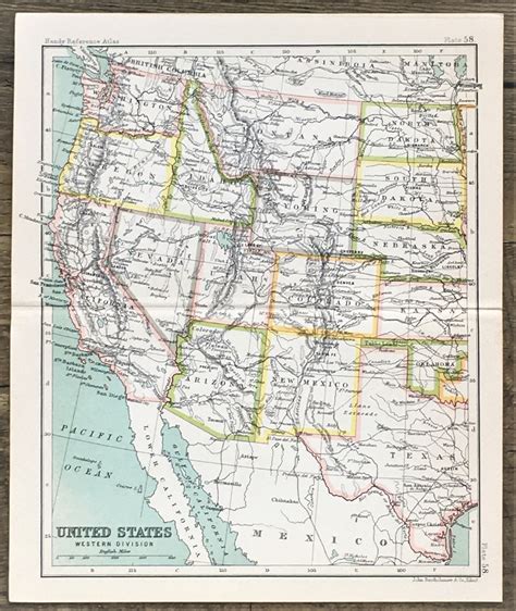 Western United States Of America Usa Antique Map C1900 Etsy