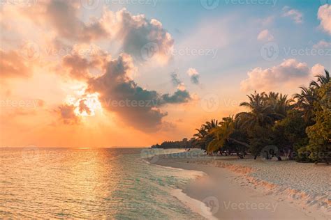 Fantastic Sunset Beach Scene Colorful Sky And Clouds View With Calm